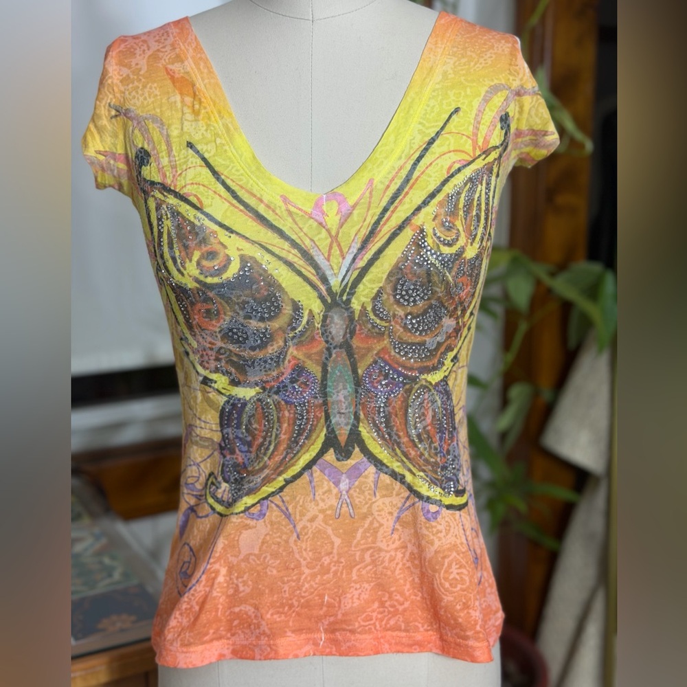 Vintage Y2K Say What? Butterfly Sequin Top Multicolor Studded Embellishment 2000